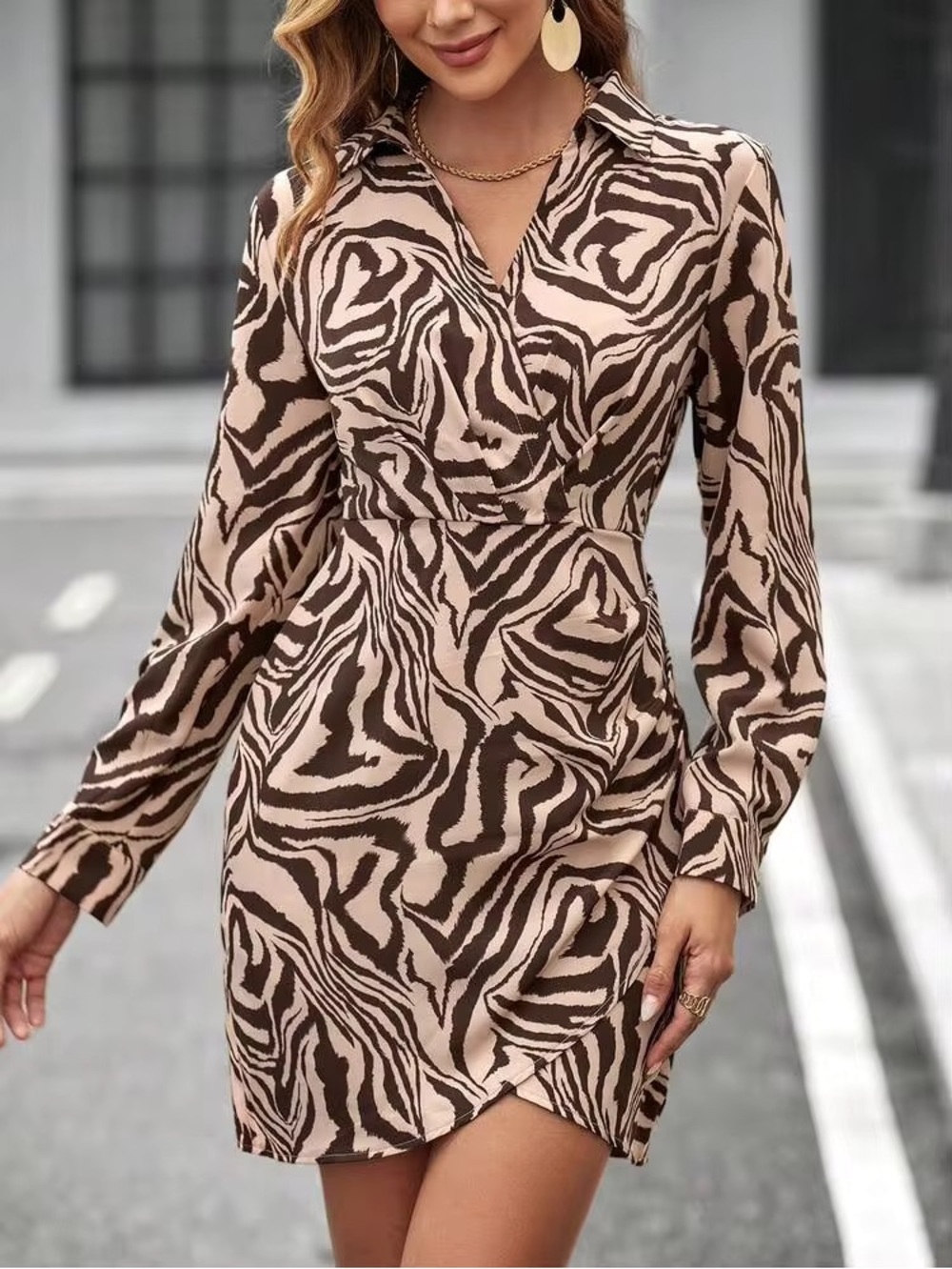 SHEIN Pink and Brown Zebra-Print Long Sleeve Wrap Dress